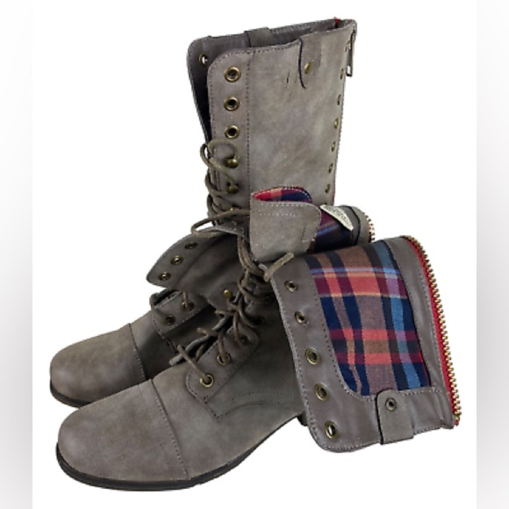 Steve Madden Girl Galeriaa Combat Boots Gray Plaid Lace Up Fold Down Women’s 10